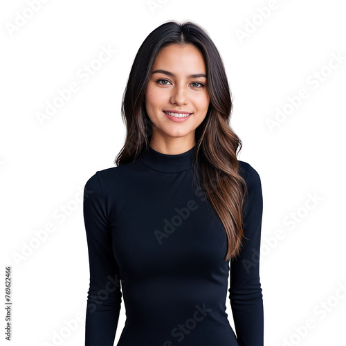 Closeup photo of beautiful smiling caucasian woman with long hair looking at camera. Headshot isolated on a transparent background