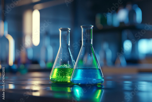 Laboratory glassware on the table with blue and green liquid inside, chemical test tubes or beakers with colored substances inside. Biochemical background. Copy space text 