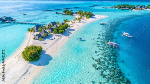 Tranquil maldives island beach aerial view of luxury resort in exotic tropical landscape