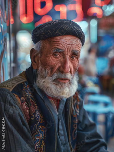 Portrait of an elderly man on the street in a market square of eastern origin with a headdress 