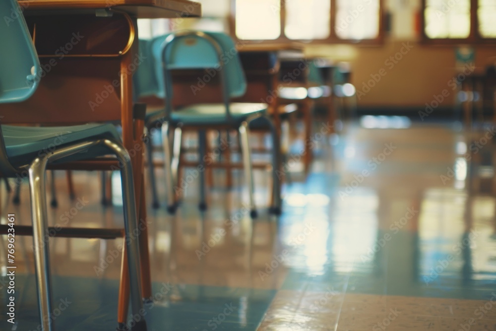 Empty chairs and tables in the classroom. Blurred background, selective focus. Empty chairs and tables in the classroom. Blurred background, selective focus.