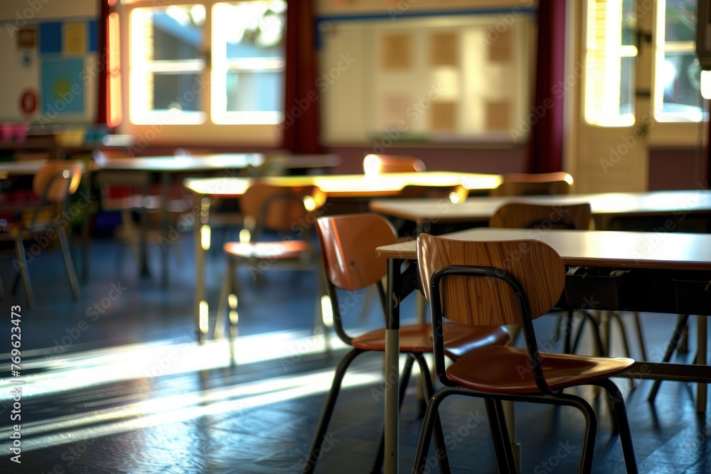 Empty chairs and tables in the classroom. Blurred background, selective focus.