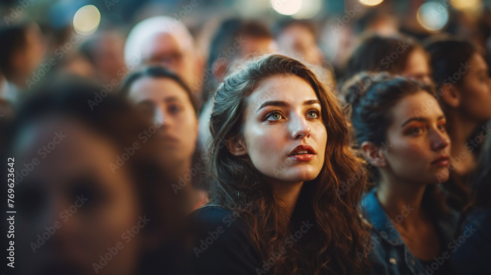 young adult woman or teenager in crowd of people, fictional event young adult woman or teenager in crowd of people, fictional event