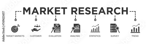 Market research banner web icon vector illustration concept with icon of target markets customer evaluation analysis statistics survey and trend