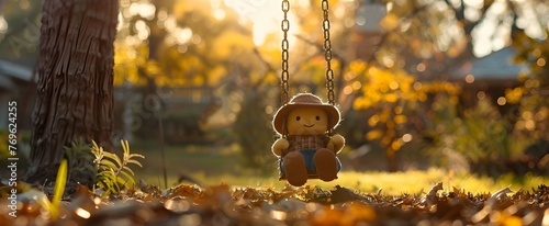 Whimsical swing set character Enjoying Peaceful Autumn Afternoon in Serene Forest Landscape