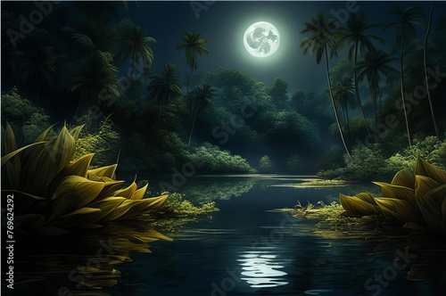 The full moon illuminates the pond at night. AI