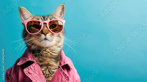 Cool fashionable cat concept. Cat wearing pink sunglasses and pink jacket in front of bright blue wall background