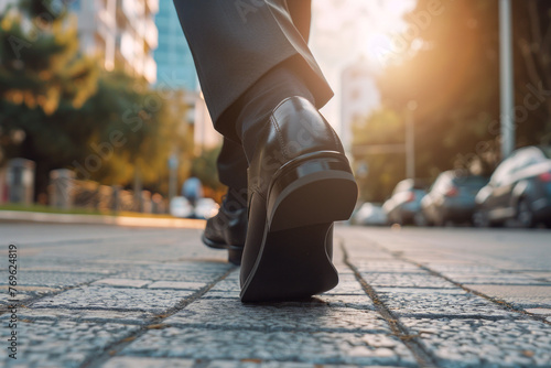 legs of a businessman in fashionable shoes walking down the street close up, legs of a businessman in patent shoes in motion close up, back view 
