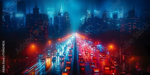 Nighttime aerial view of a bustling city financial district with car lights streaking through the streets. Concept City Lights, Aerial View, Night Skyline, Financial District, Bustling Streets