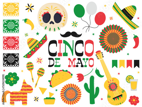 Cinco de Mayo celebration in Mexico, icons set, design element, flat style, collection objects for Cinco de Mayo parade with pinata, food, sambrero, tequila cactus, flag, skull etc vector illustration