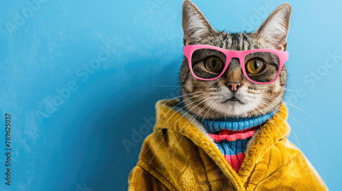 Cool fashionable cat concept. Cat wearing pink sunglasses and yellow jacket in front of bright blue wall background