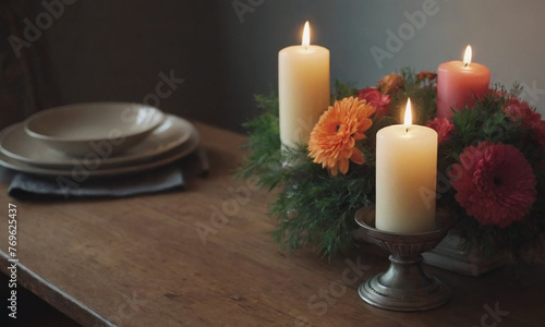 Colorful Flower Bouquet in Vase with Lit Candles on Dining Table