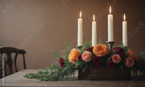 Colorful Flower Bouquet in Vase with Lit Candles on Dining Table