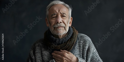 Portrait of a senior man in discomfort from acid reflux holding his chest wearing a cozy sweater. Concept Healthcare, Elderly Care, Acid Reflux, Senior Man, Comfortable Clothing