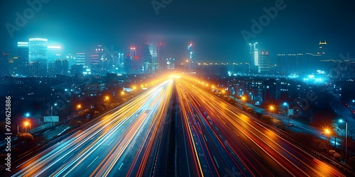 Dynamic long exposure effect of blurred car lights on a busy city highway at night. Concept Night Photography, Long Exposure, Cityscape, Light Trails, Urban Scenes