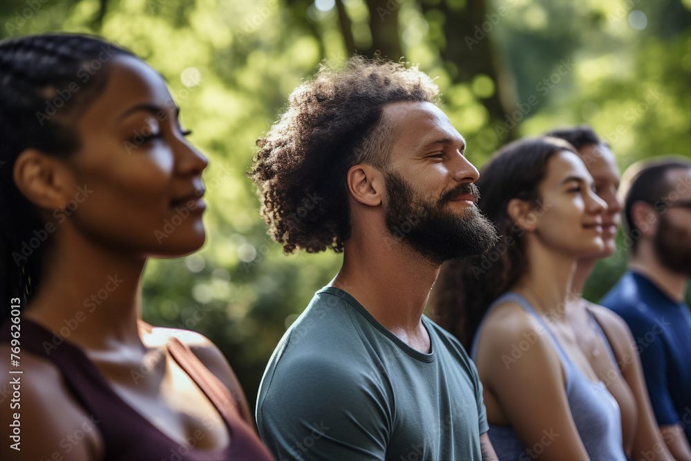 Different age people doing yoga nature park private club spirituality concept Generative AI Different age people doing yoga nature park private club spirituality concept Generative AI