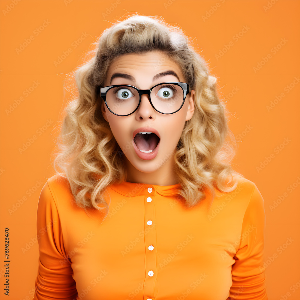 Portrait of a shocked young woman in glasses who opened her mouth in surprise, isolated on orange background. Concept of sale, discounts for black friday