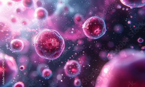 Professional realistic illustration of different cells with soft bokeh background