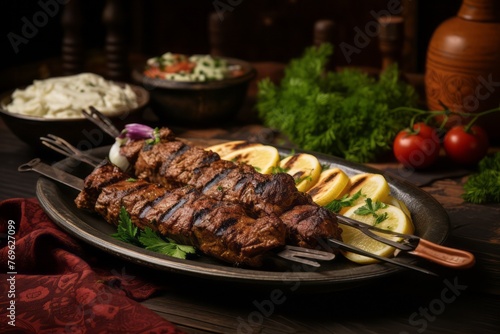 Tasty kebab on a rustic plate against a vintage wallpaper background