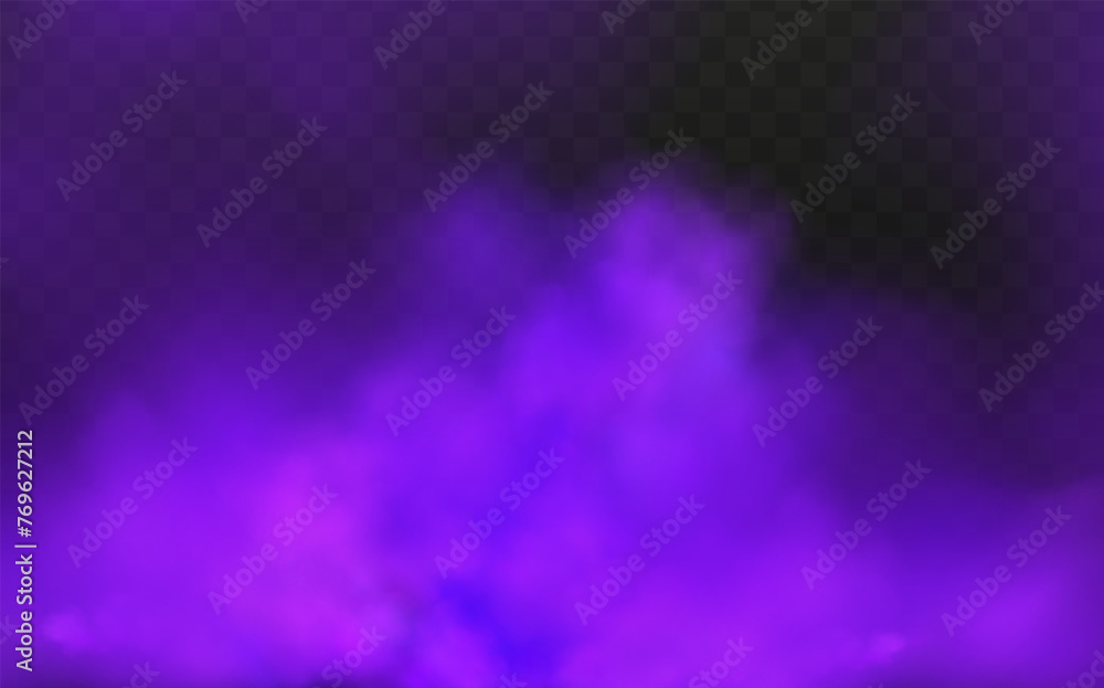 Obraz premium Scary mystical violet fog in night Halloween. Purple poisonous gas, dust and smoke effect.Realistic neon magic mist steam on a transparent dark background.