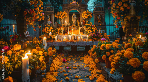 A vibrant Day of the Dead altar adorned with marigolds, candles, and religious icons, celebrating the deceased. photo