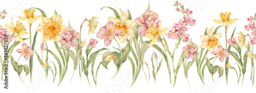 Watercolor hand painted seamless border. Floral illustration Watercolor flowers, yellow daffodils, pink tulips