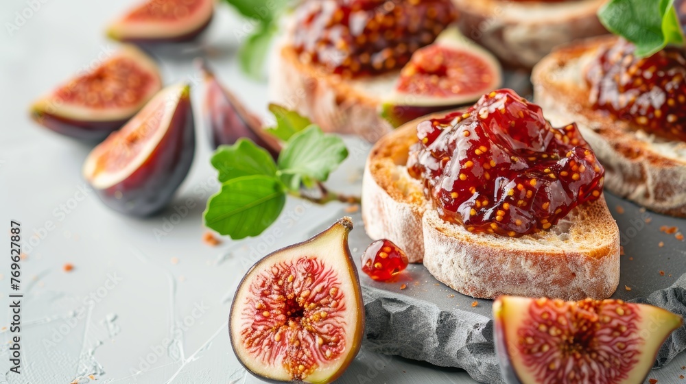 Toasts with fig jam on a stone serving board surrounded by halved figs and green leaves Toasts with fig jam on a stone serving board surrounded by halved figs and green leaves