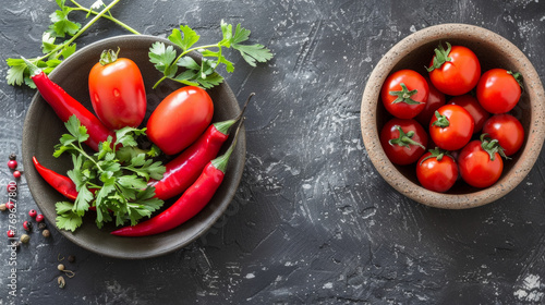 Two bowls of food, one with tomatoes and peppers and the other with tomatoes. The bowl with peppers is on the left and the bowl with tomatoes is on the right