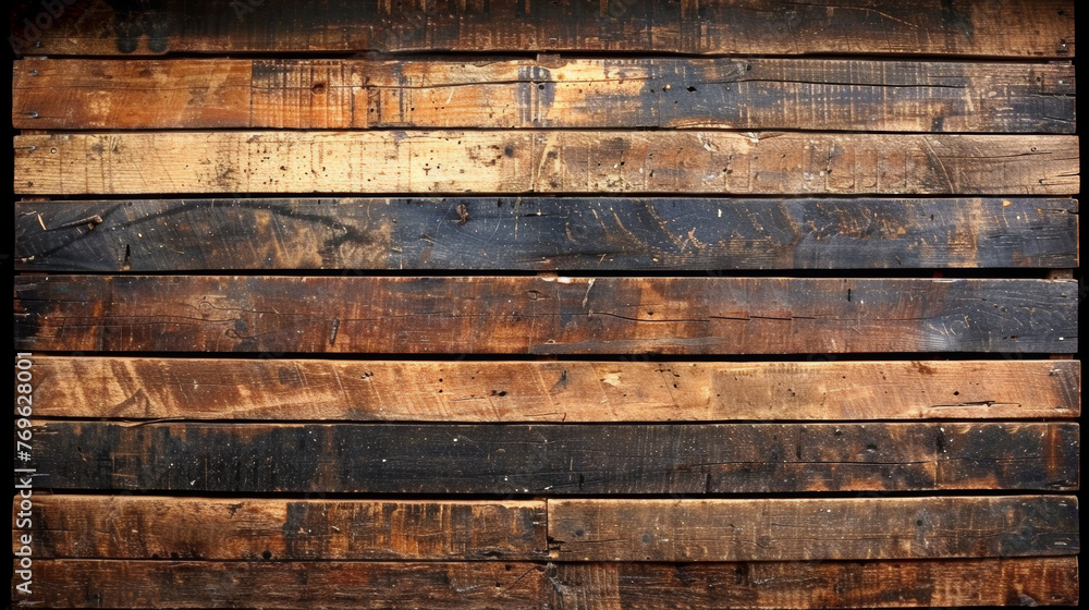 A wooden wall with a lot of scratches and marks. The wood is brown and has a rustic feel - obrazy, fototapety, plakaty 