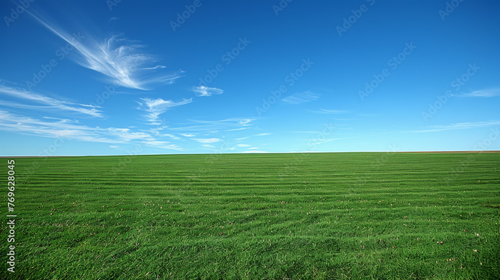 A large, open field with a clear blue sky. The sky is dotted with clouds, but they are far away and do not obscure the view. The field is lush and green, with no signs of human activity