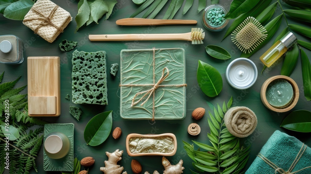 Eco-friendly and sustainable products including bamboo,plant leaves,and natural materials on a green background The image promotes a green and environmentally conscious - obrazy, fototapety, plakaty 