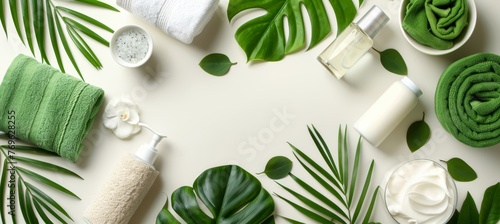 Eco friendly spa accessories arranged on white background with space for text placement