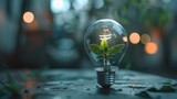 Creative image depicts a lightbulb with a small plant growing inside,symbolizing the concept of eco-innovation and sustainable solutions The glass bulb encases the natural,organic