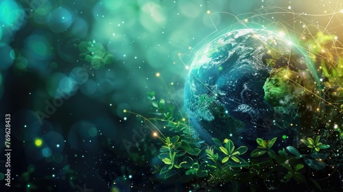 Fototapeta Naklejka Na Ścianę i Meble -  Abstract representation of our planet Earth,showcasing a harmonious fusion of nature and technology The vibrant green and blue hues symbolize the lush