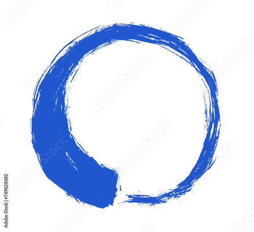 Enso Zen blue circle. Round ink brush stroke, japanese calligraphy paint buddhism symbol isolated on white