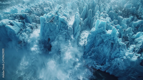 Aerial view of a rugged glacial landscape with jagged ice formations and melting glaciers surrounded by chilling waters. photo