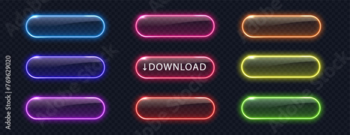 Glowing neon buttons for web design isolated on dark background. Realistic light frame border collection for web design, app, game and interface.