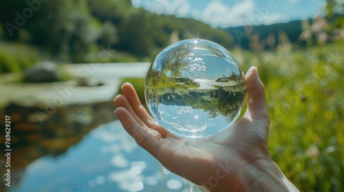 Person's hand gently holds a crystal clear glass sphere,which reflects the vibrant green landscape in the background This image represents the concept of clarity,vision,and environmental