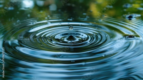 Captures the moment a single water droplet plunges into a still pond creating a series of concentric ripples that spread across the surface The image serves as a powerful