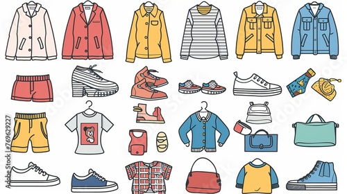 A collection of women s and men s clothing and accessories  showcased in vector icon outline illustrations for a fashion wardrobe