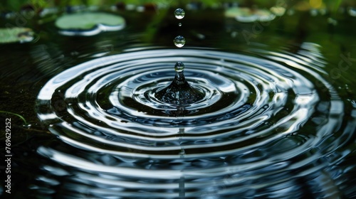 Captures the moment a single water droplet plunges into a still pond creating a series of concentric ripples that spread across the surface The image serves as a powerful