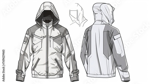 A fashion sketch of a men's hooded windbreaker jacket, presented as a flat technical drawing in vector format