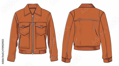 A flat technical drawing of a zip work trucker jacket, suitable for men or unisex fashion, including streetwear and workwear, presented as a collared mock-up illustration