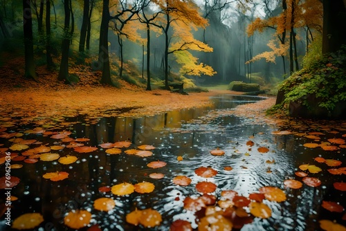 landscape autumn rain drops splashes in the forest background, october weather landscape beautiful park.  © usman