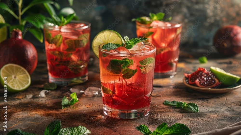 Refreshing pome cocktail garnished with freshly sliced lime and vibrant mint leaves on a summer afternoon Refreshing pome cocktail garnished with freshly sliced lime and vibrant mint leaves on a summer afternoon