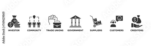Stakeholder relationship banner web icon vector illustration concept for stakeholder, investor, government, and creditors with icon of community, trade unions, suppliers, and customers	