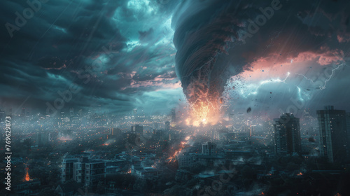 A digital artwork of a tornado hitting a cityscape at night with lighting illuminating the stormy sky and debris being pulled into the swirling vortex. photo