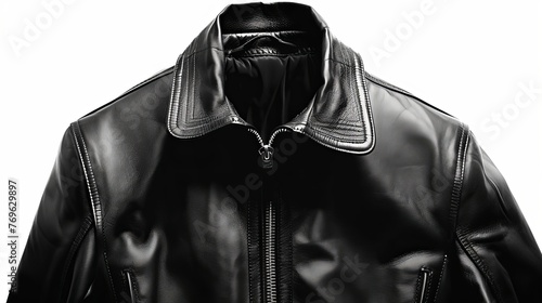 A men's black leather jacket, isolated on a white background for clear presentation