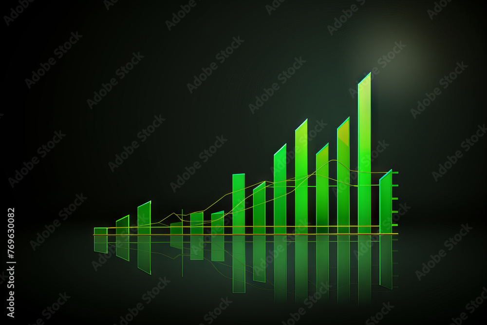 Glowing green bars rising in a 3D graph, symbolizing growth or progress on a dark reflective surface Glowing green bars rising in a 3D graph, symbolizing growth or progress on a dark reflective surface
