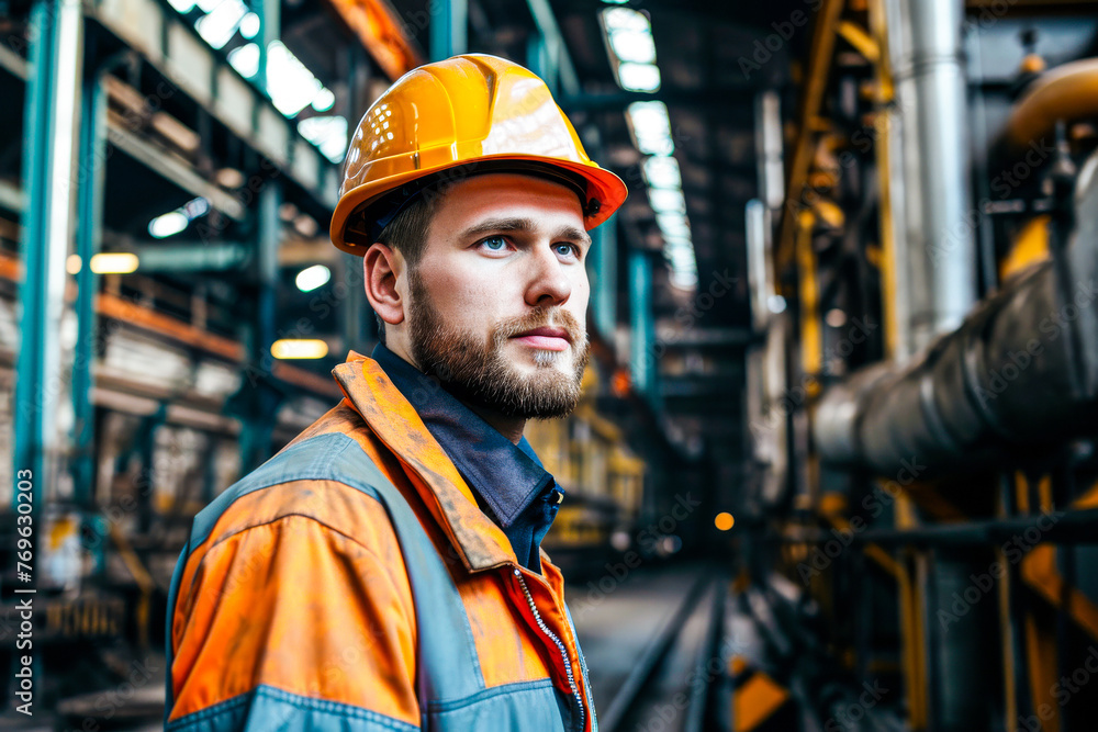 A male worker wearing a safety helmet and goggles looks on seriously in an industrial site setting A male worker wearing a safety helmet and goggles looks on seriously in an industrial site setting